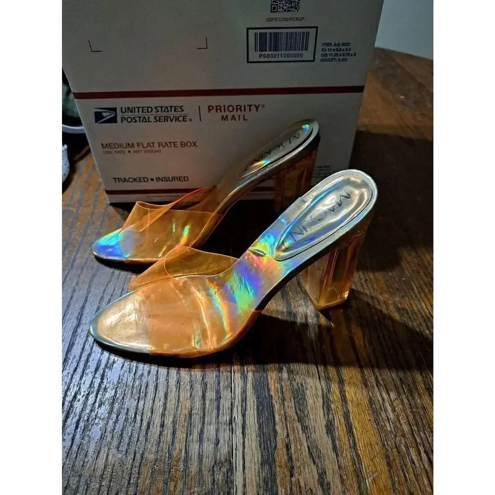 9 Mackin J Orange Transparent Open Toe Acrylic Slip On Chunky High Heel Shoes